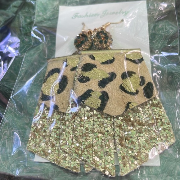 Leopard Leather Glitter Fringe Drop Earrings - Picture 6 of 10